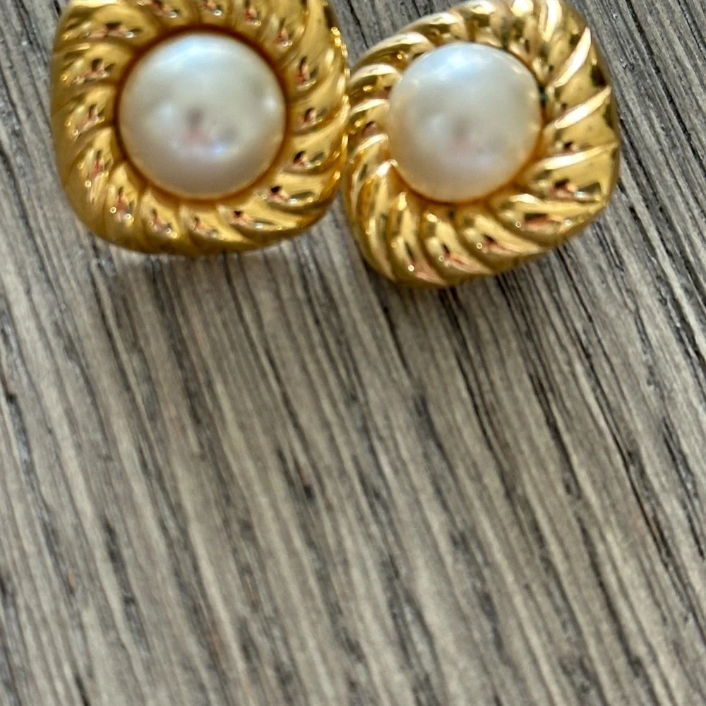 Vintage Gold Tone Pearl Earrings Statement Jewelry